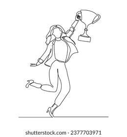 Continuous single line sketch drawing of business woman successful achievement goal holding trophy reward. one line vector illustration success leader employee corporate celebration