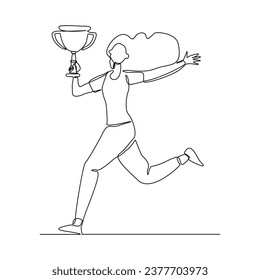 Continuous single line sketch drawing of business woman successful achievement goal holding trophy reward. one line vector illustration success leader employee corporate celebration