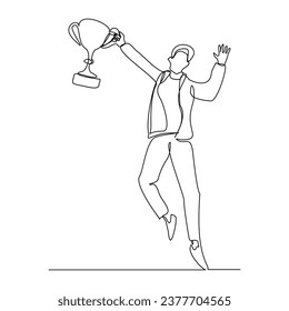 Continuous single line sketch drawing of business man successful achievement goal holding trophy reward. one line vector illustration success leader employee corporate celebration