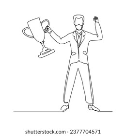 Continuous single line sketch drawing of business man successful achievement goal holding trophy reward. one line vector illustration success leader employee corporate celebration