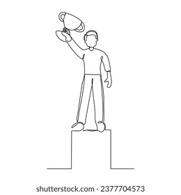 Kontinuierliche Zeichnung von einzelnen Linien Skizze von Geschäftsmann erfolgreiche Leistung Ziel halten Trophäe Belohnung. Einzeilige Vektorgrafik-Erfolgsleute Mitarbeiterfeier