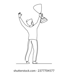 Continuous single line sketch drawing of business man successful achievement goal holding trophy reward. one line vector illustration success leader employee corporate celebration