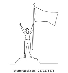 Continuous single line sketch drawing of business woman holding flag show success victory work goal. Vector illustration one line of business achievement