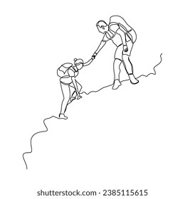 Continuous single line sketch drawing group of people man woman helping each other hike up a mountain. One line art business, success, leadership, achievement and goal 