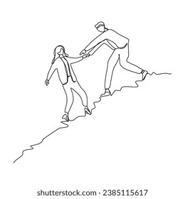 Continuous single line sketch drawing group of people man woman helping each other hike up a mountain. One line art business, success, leadership, achievement and goal 