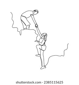 Continuous single line sketch drawing group of people man woman helping each other hike up a mountain. One line art business, success, leadership, achievement and goal 