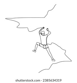 Continuous single line sketch drawing of man climbing a cliff mountain. One line extreme dangerous sport activity vector illustration