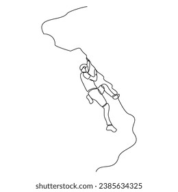 Esbozo continuo de una sola línea de hombre escalando una montaña de acantilado. Ilustración de vectores de actividad deportiva extrema de una línea