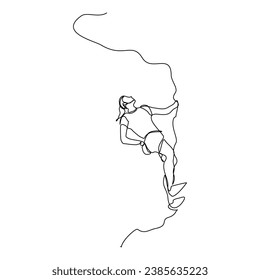 Continuous single line sketch drawing of woman climbing a cliff mountain. One line extreme dangerous sport activity vector illustration