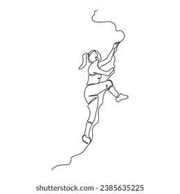 Continuous single line sketch drawing of woman climbing a cliff mountain. One line extreme dangerous sport activity vector illustration