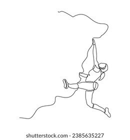 Continuous single line sketch drawing of woman climbing a cliff mountain. One line extreme dangerous sport activity vector illustration