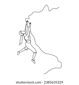 Continuous single line sketch drawing of woman climbing a cliff mountain. One line extreme dangerous sport activity vector illustration