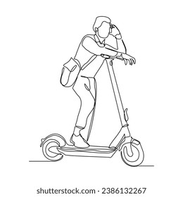Continuous single line sketch drawing of young man ride electric scooter for mobile activity. One line modern go green future transportation vector illustration