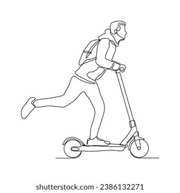 Continuous single line sketch drawing of young man ride electric scooter for mobile activity. One line modern go green future transportation vector illustration