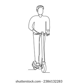 Continuous single line sketch drawing of young man ride electric scooter for mobile activity. One line modern go green future transportation vector illustration