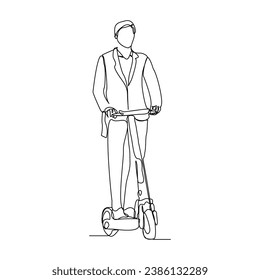 Continuous single line sketch drawing of young man ride electric scooter for mobile activity. One line modern go green future transportation vector illustration