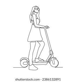 Continuous single line sketch drawing of young man ride electric scooter for mobile activity. One line modern go green future transportation vector illustration