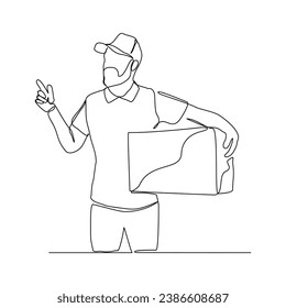 Continuous single line sketch drawing of delivery courier man holding cardboard box package container order. One line delivery shipment worker people vector illustration