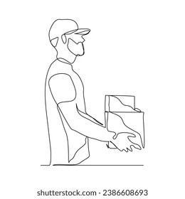Continuous single line sketch drawing of delivery courier man holding cardboard box package container order. One line delivery shipment worker people vector illustration