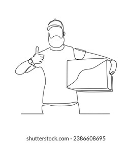 Continuous single line sketch drawing of delivery courier man holding cardboard box package container order. One line delivery shipment worker people vector illustration