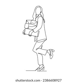 Continuous single line sketch drawing of delivery courier woman holding cardboard box package container order. One line delivery shipment worker people vector illustration