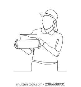 Continuous single line sketch drawing of delivery courier woman holding cardboard box package container order. One line delivery shipment worker people vector illustration