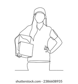 Continuous single line sketch drawing of delivery courier woman holding cardboard box package container order. One line delivery shipment worker people vector illustration