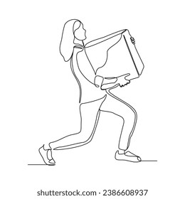 Continuous single line sketch drawing of delivery courier woman holding cardboard box package container order. One line delivery shipment worker people vector illustration