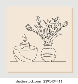 Continuous single line sketch drawing of aromatic spa candle and beautiful flower vase pot. One line art of beautiful home decoration vector illustration