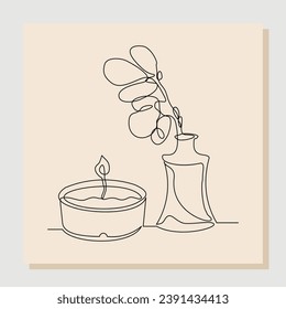 Continuous single line sketch drawing of aromatic spa candle and beautiful flower vase pot. One line art of beautiful home decoration vector illustration