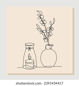 Ständige Zeichnung der duftenden Kur-Kerze und der wunderschönen Blumenvase-Kanne. Eine Kunstlinie der schönen Innendekoration, Vektorgrafik