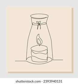 Continuous single line sketch drawing of aromatic therapy romantic burning candle light in glass jar. One line art of beautiful spa candle relaxation vector illustration