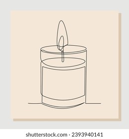 Continuous single line sketch drawing of aromatic therapy romantic burning candle light in glass jar. One line art of beautiful spa candle relaxation vector illustration