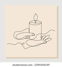 Continuous single line sketch drawing of hand holding aromatic therapy romantic burning candle light in glass jar. One line art of people carrying beautiful spa candle relaxation vector illustration