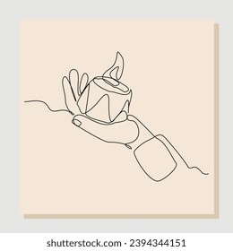 Continuous single line sketch drawing of hand holding aromatic therapy romantic burning candle light in glass jar. One line art of people carrying beautiful spa candle relaxation vector illustration