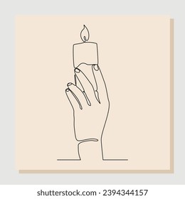 Continuous single line sketch drawing of hand holding aromatic therapy romantic burning candle light in glass jar. One line art of people carrying beautiful spa candle relaxation vector illustration
