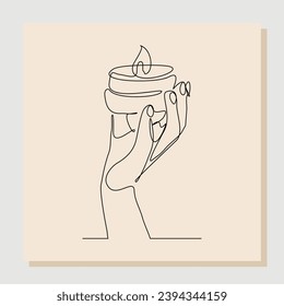 Continuous single line sketch drawing of hand holding aromatic therapy romantic burning candle light in glass jar. One line art of people carrying beautiful spa candle relaxation vector illustration