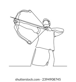 Continuous single line sketch drawing of professional archer bow athlete aiming target. One line art of sport hobby archery concept vector illustration