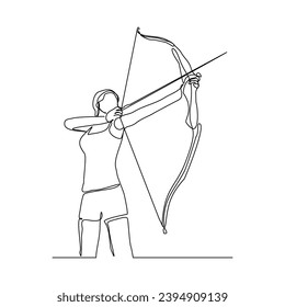 Continuous single line sketch drawing of professional archer bow athlete woman aiming target. One line art of sport hobby archery concept vector illustration