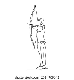 Continuous single line sketch drawing of professional archer bow athlete woman aiming target. One line art of sport hobby archery concept vector illustration