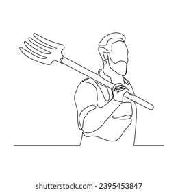 Continuous single line sketch drawing of farmer man worker holding fork farming tool. One line art of occupation professional worker vector illustration