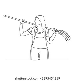 Esbozo continuo de línea única de la trabajadora campesina sosteniendo la herramienta de cultivo de horquilla. Una línea de arte de ocupación profesional ilustración vectorial de trabajadores