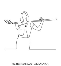 Continuous single line sketch drawing of farmer woman worker holding fork farming tool. One line art of occupation professional worker vector illustration