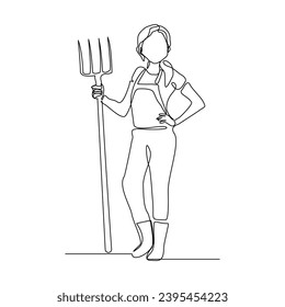 Continuous single line sketch drawing of farmer woman worker holding fork farming tool. One line art of occupation professional worker vector illustration