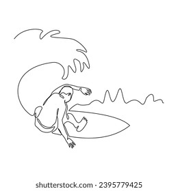 Continuous single line sketch drawing of professional surfing athlete man ride surfboard on big wave. One line art of extreme sport surfer on beach summer vector illustration