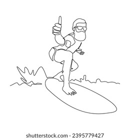 Continuous single line sketch drawing of professional surfing athlete man ride surfboard on big wave. One line art of extreme sport surfer on beach summer vector illustration