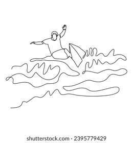Continuous single line sketch drawing of professional surfing athlete man ride surfboard on big wave. One line art of extreme sport surfer on beach summer vector illustration