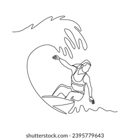 Continuous single line sketch drawing of professional surfing athlete woman ride surfboard on big wave. One line art of extreme sport surfer on beach summer vector illustration