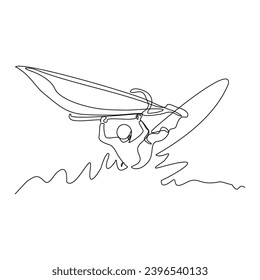 Continuous single line sketch drawing of professional windsurfing athlete ride surfboard on ocean wave. One line art of extreme sport and summer holiday vacation vector illustration