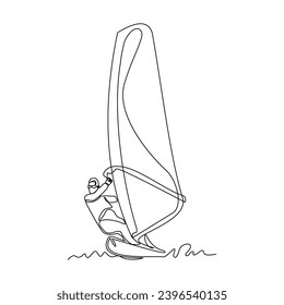 Continuous single line sketch drawing of professional windsurfing athlete ride surfboard on ocean wave. One line art of extreme sport and summer holiday vacation vector illustration